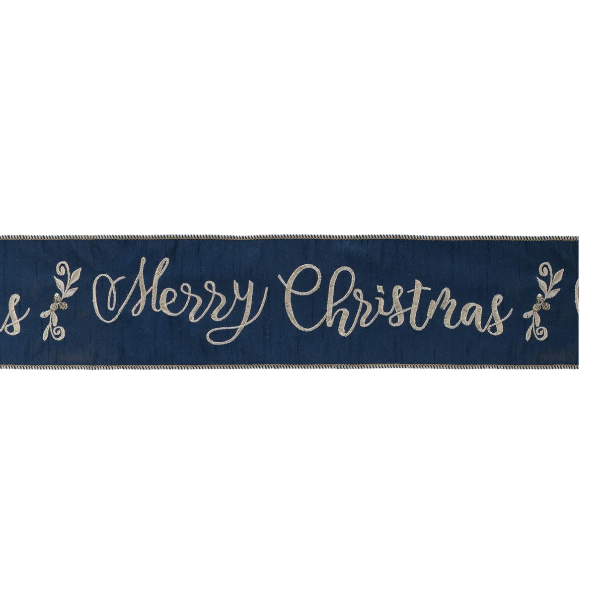 Embroidered Merry Christmas Wired Ribbon 4" x 5 Yards Blue and Gold Holiday and Craft Ribbon By Melrose