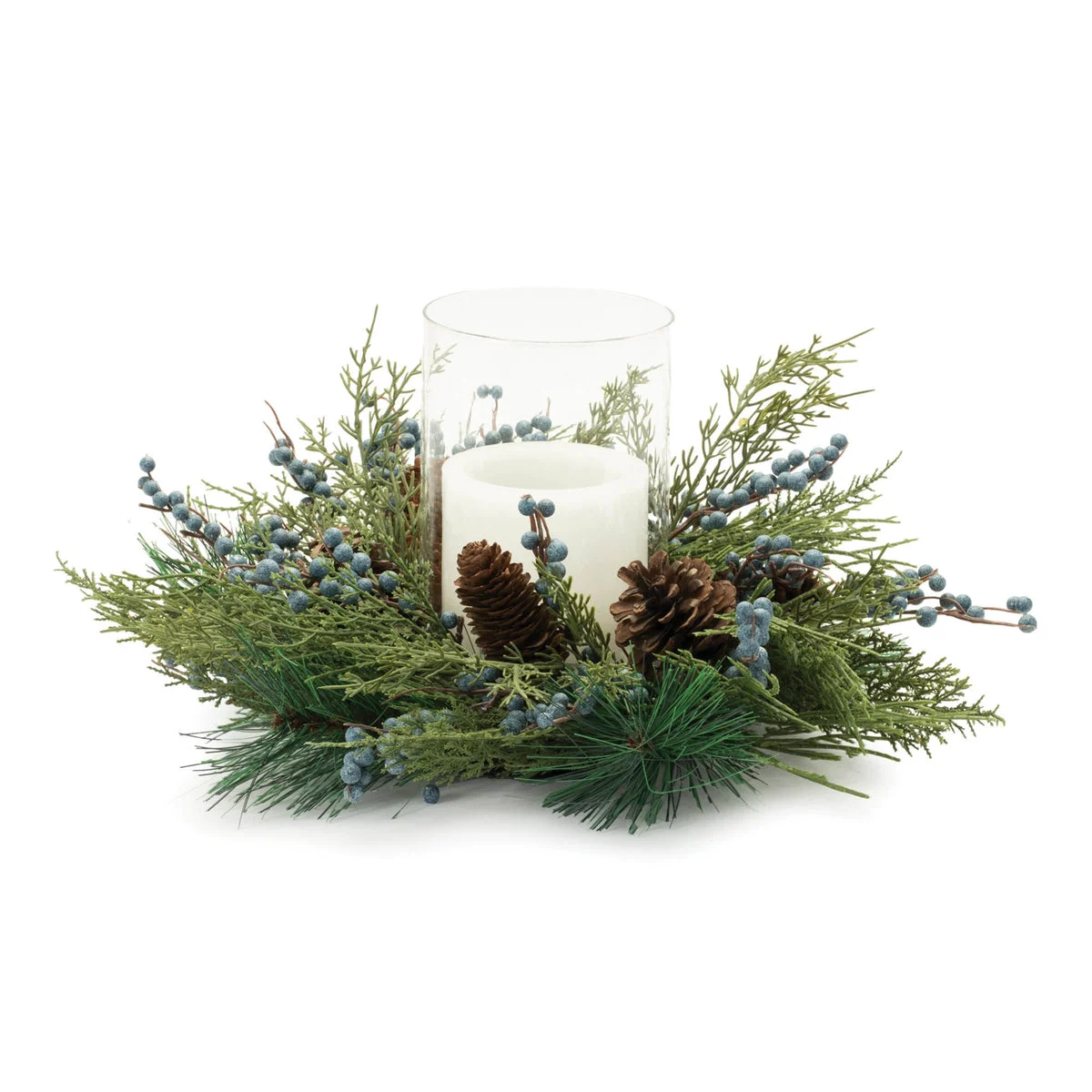 Mixed Pine Juniper Candle Holder with Glass 8"H Blue and Green Holiday Table Decor By Melrose