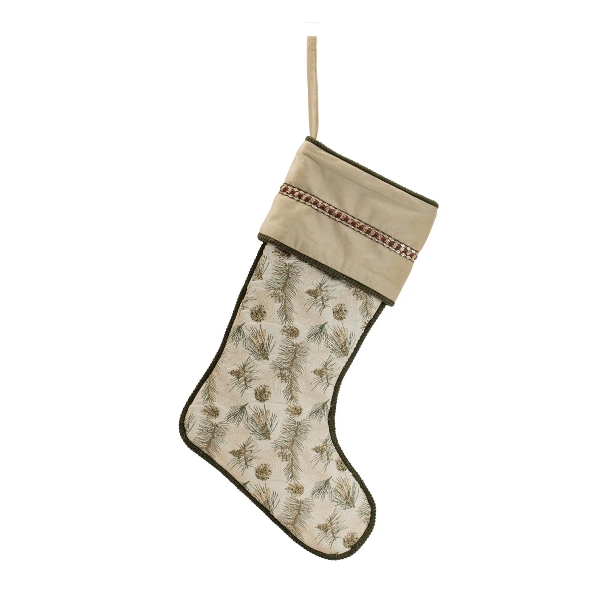 Pine and Pinecone Print Stocking 20"H Beige and Green Polyester Holiday Decor By Melrose