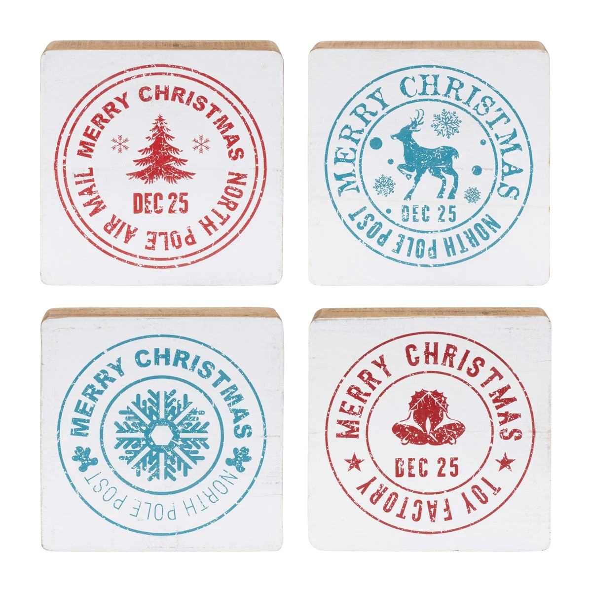 Postal Christmas Stamp Wood 7.5 Inch Decor Set of 4 by Melrose