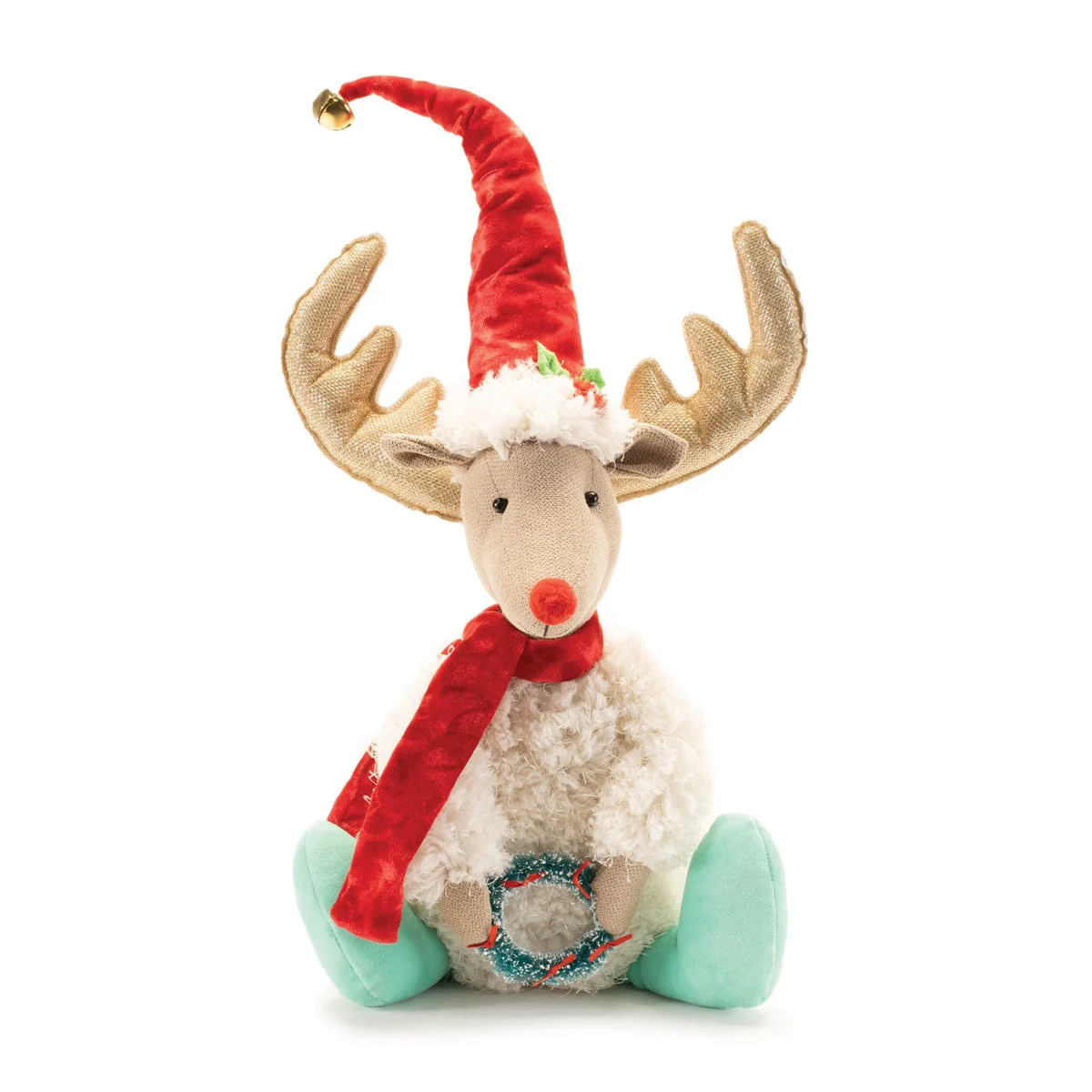 Plush Reindeer Shelf Sitter 20"H, Beige, Blue & Red Polyester Christmas Decor By Melrose