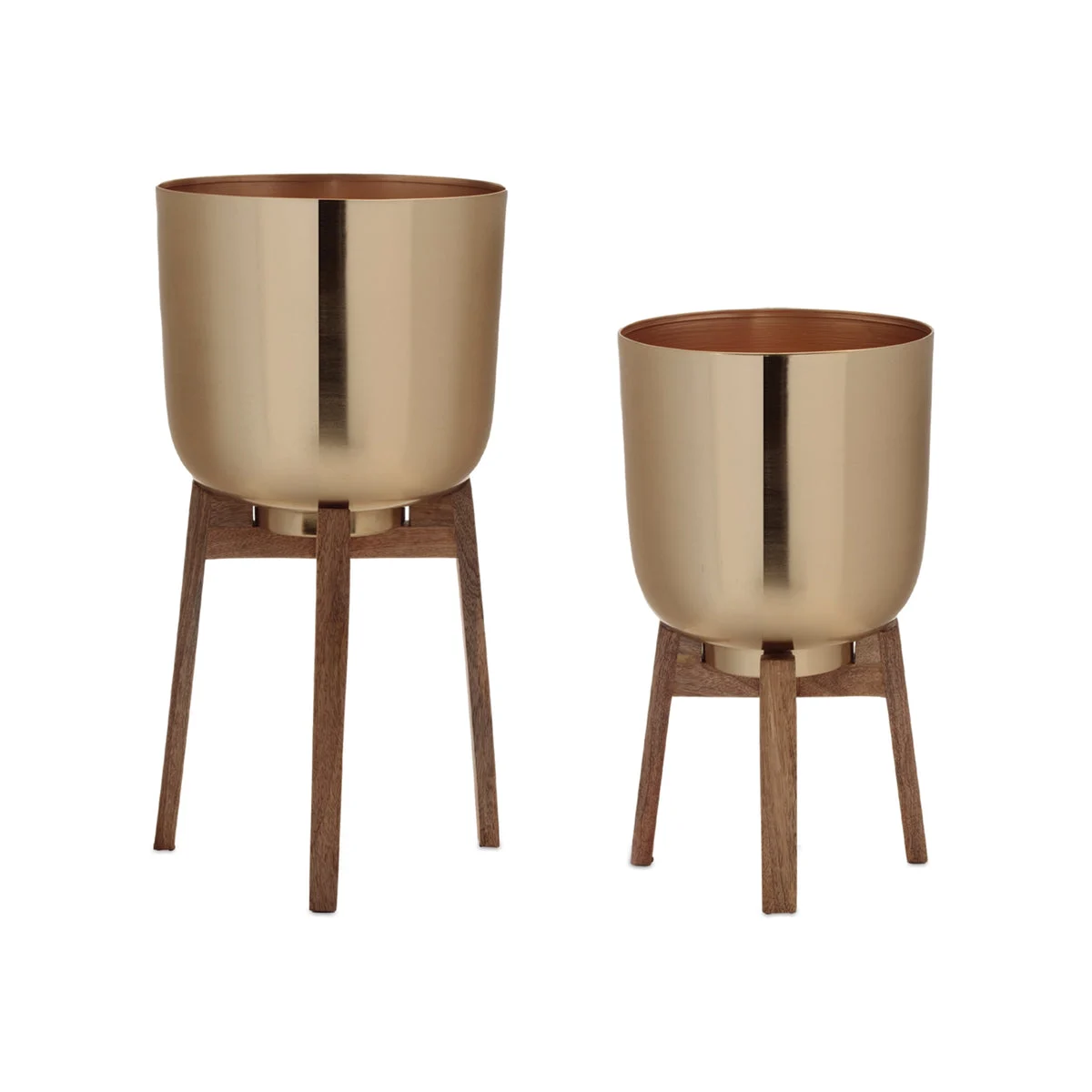 Round Metal & Mango Wood Planters 16"H, Gold Rustic Indoor (Set of 2) By Melrose