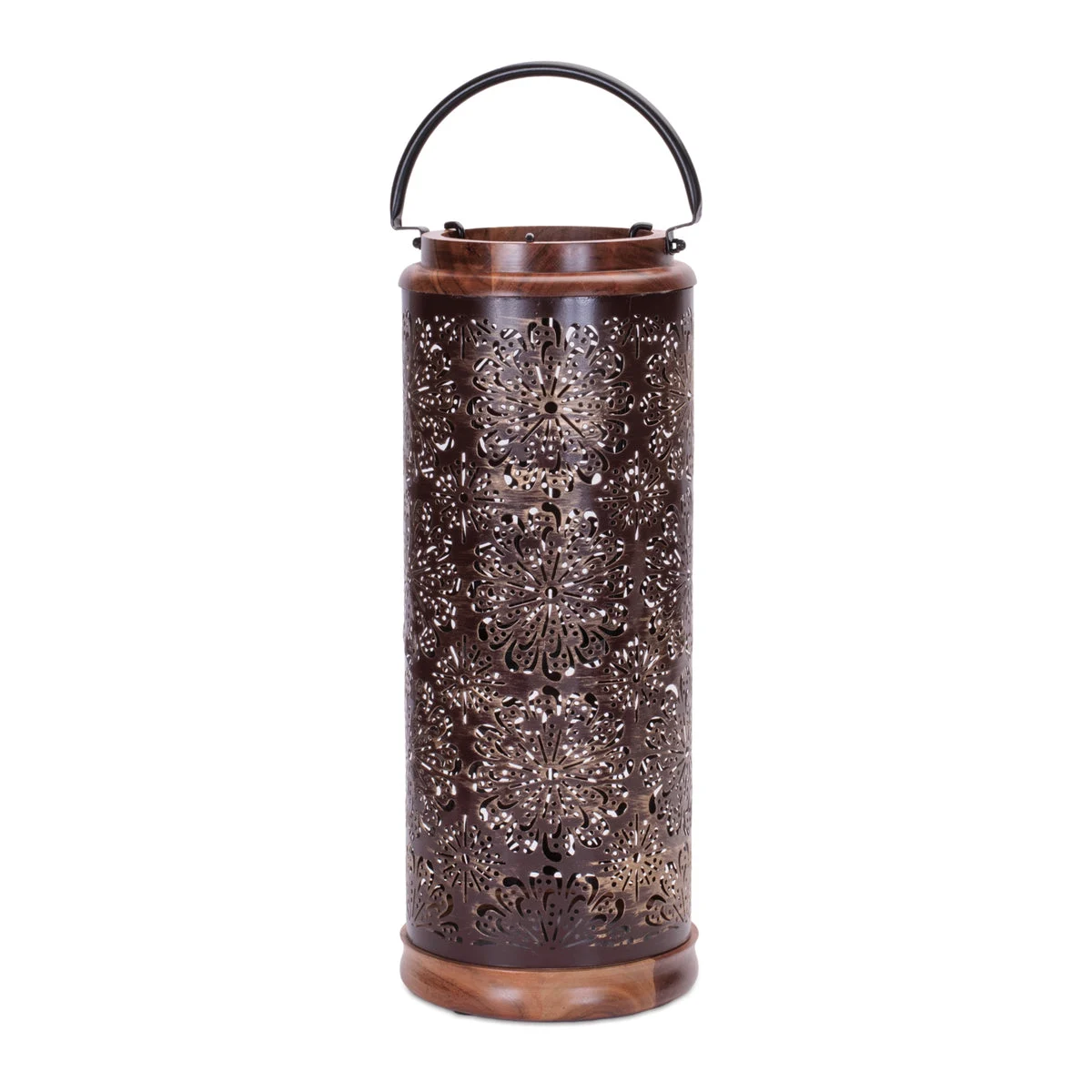Punched Metal & Mango Wood Lantern 19"H, Brown Rustic Indoor Candle Holder By Melrose