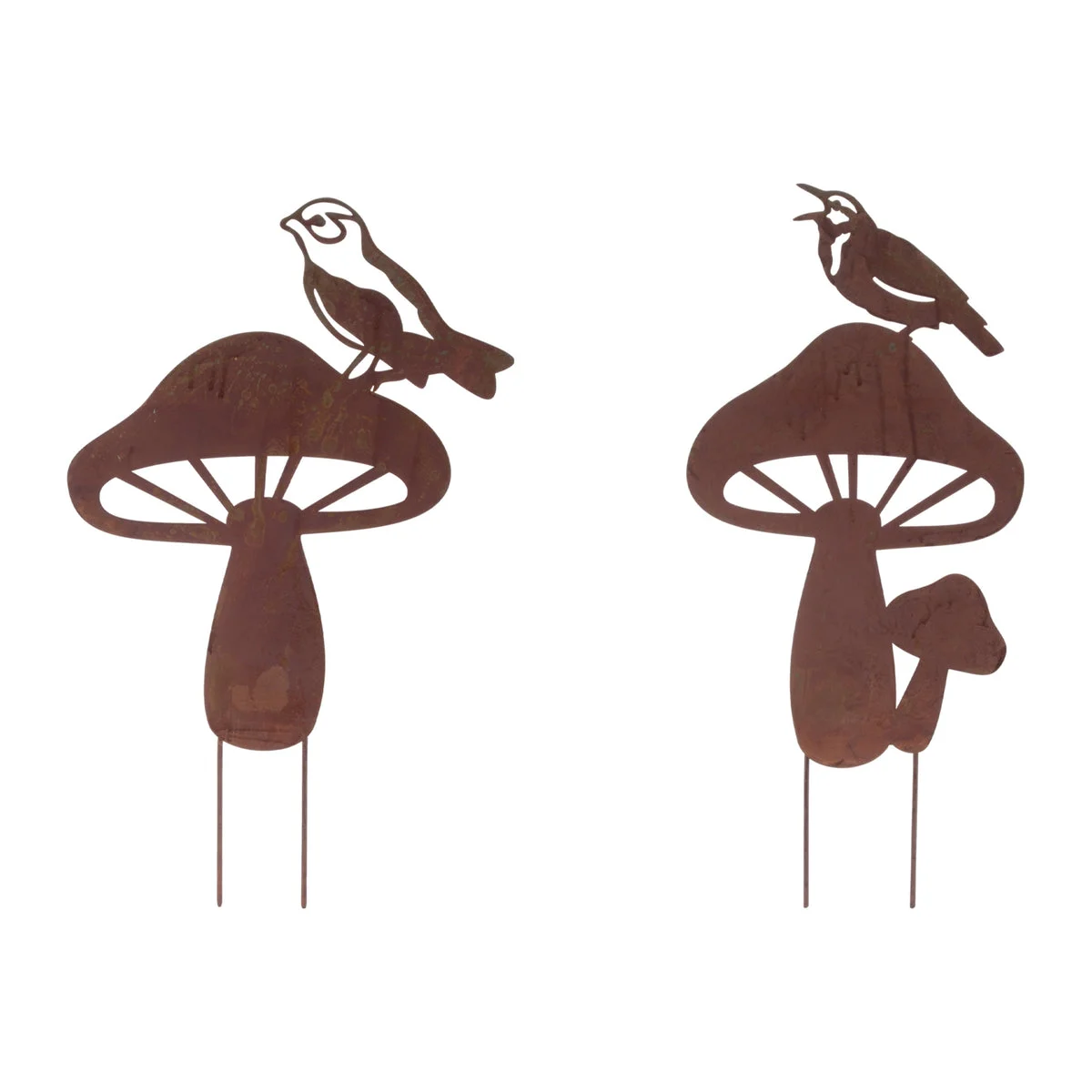 Garden Decor Bird and Mushroom Stakes Set of 2 Iron Rustic Finish 19.5" H by Melrose