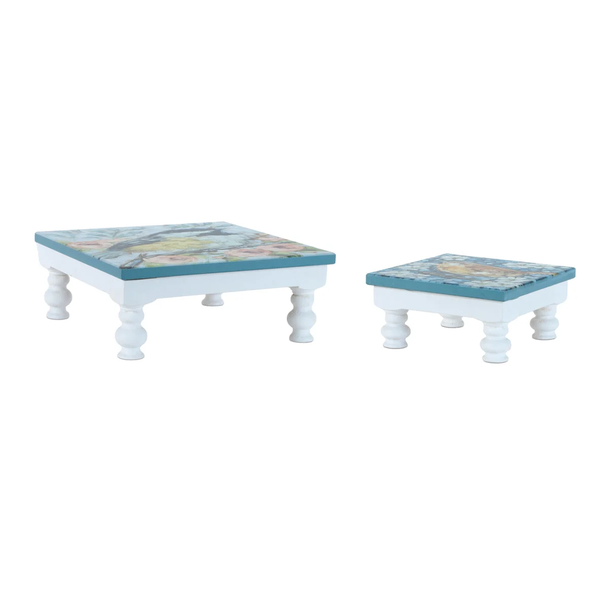 Bird and Floral Pedestal Tray Set of 2 Painted Wood Tabletop Display 4.5" H by Melrose