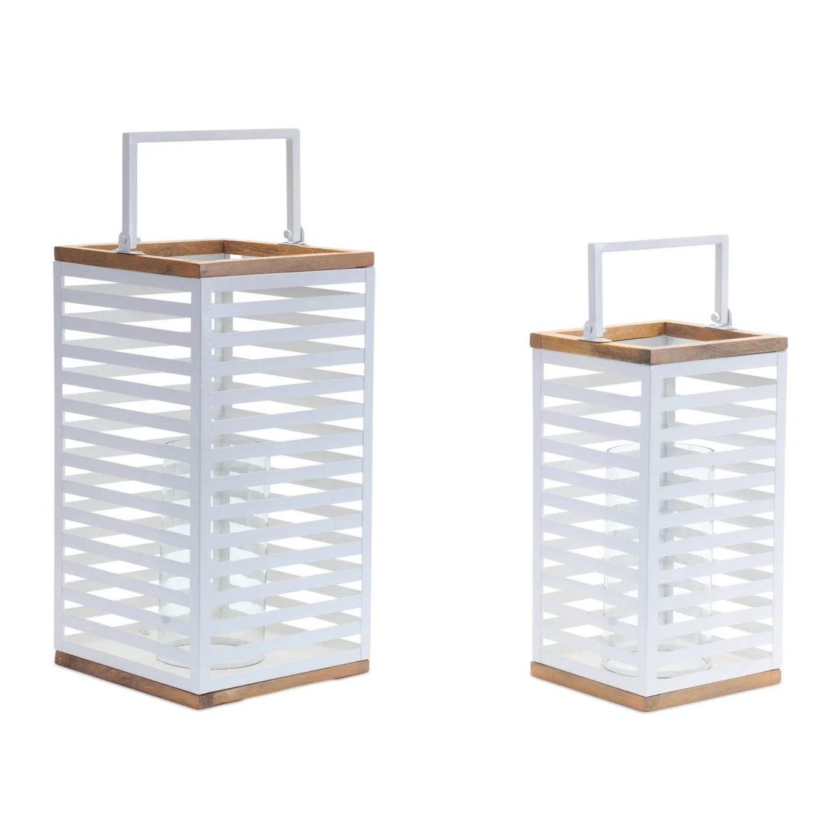 Metal Box Lantern with Wood Accents (Set of 2) – 16.5"H White Metal & Glass Indoor Decor by Melrose