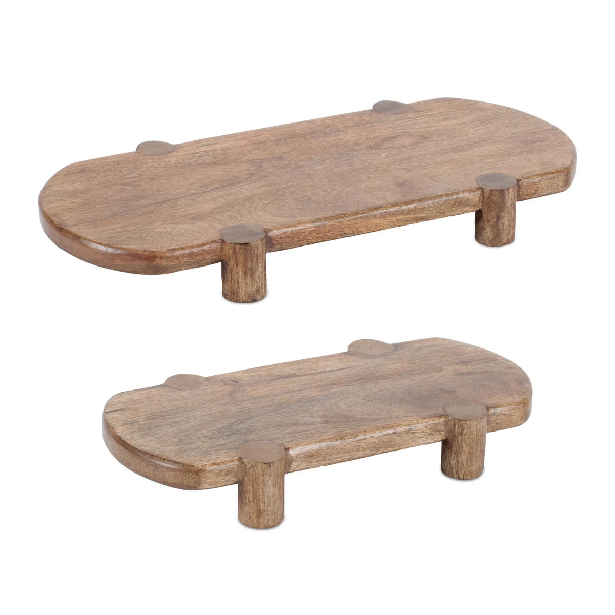 Mango Wood Pedestal Tray (Set of 2) – 2.25"H Rustic Brown Oval Decorative Display Trays by Melrose