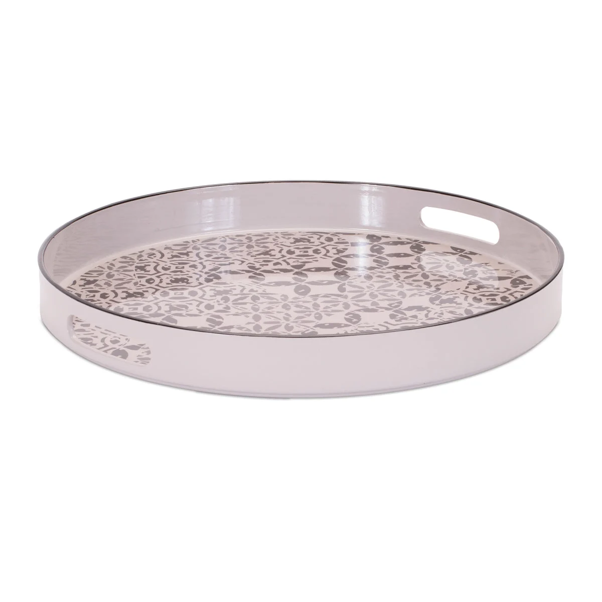 Round Ornate Geometric Tray – 1.75"H White Beige Farmhouse Decorative Serving Tray by Melrose