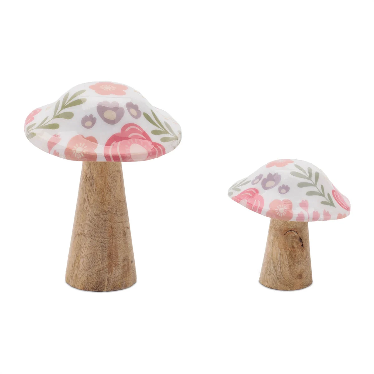 Wood Floral Patterned Mushroom Decor (Set of 2) – 6.5"H Brown Pink Green Mango Wood Indoor Decor by Melrose