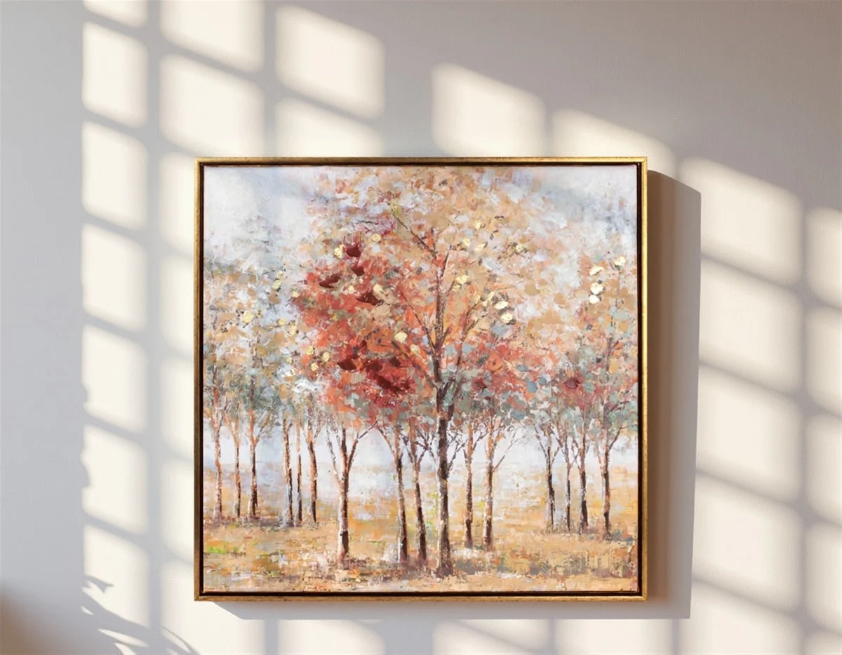 Framed Tree Landscape Wall Canvas 24"SQ – Orange Beige Mango Wood Indoor Wall Decor by Melrose