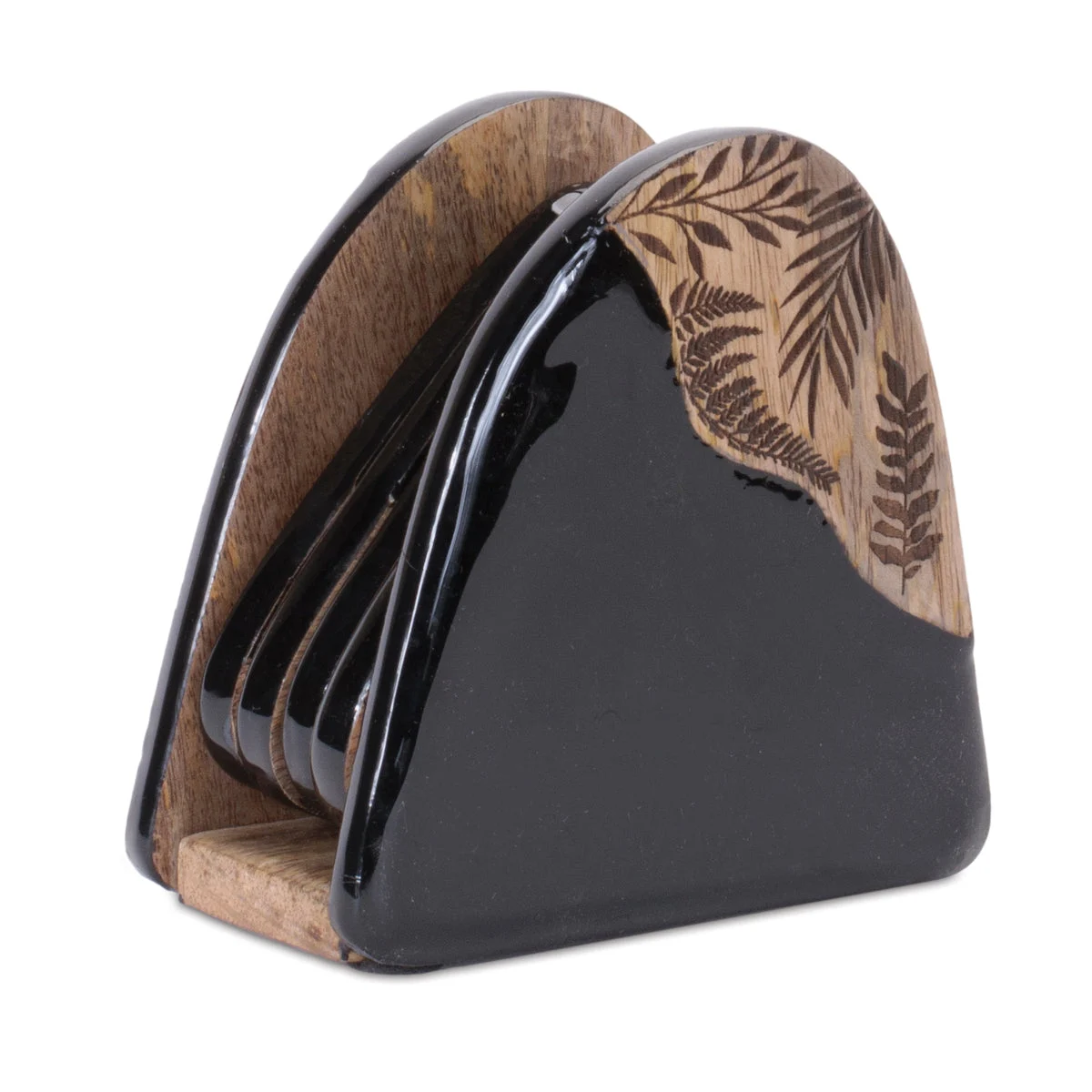 Floral Etched Wood Coaster Set with Holder (Set of 5) – 5.1"H Black & Brown Tabletop Accents by Melrose