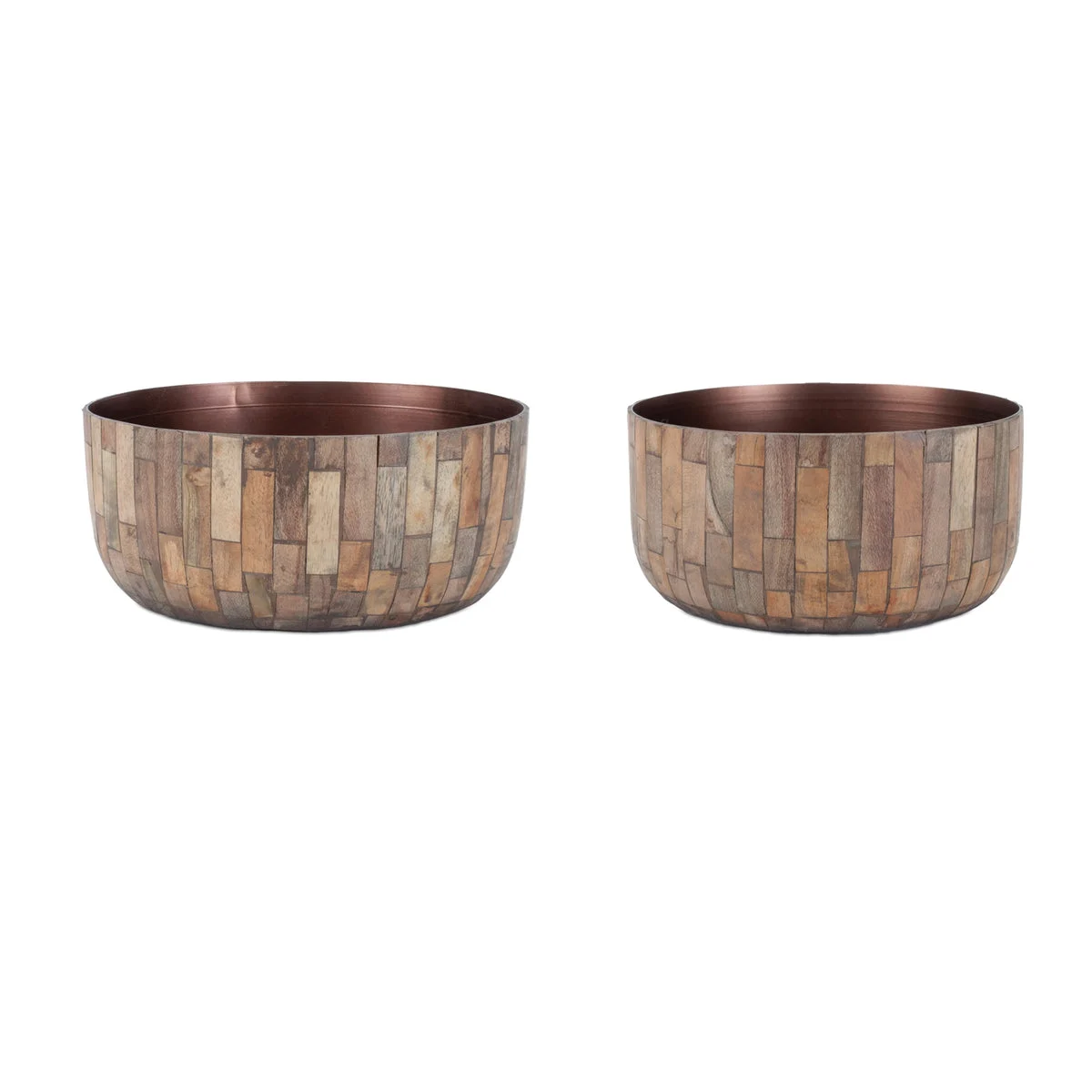 Round Wooden Bowl Planter (Set of 2) – 10.25"D Brown Mango Wood & Iron Indoor Decor by Melrose