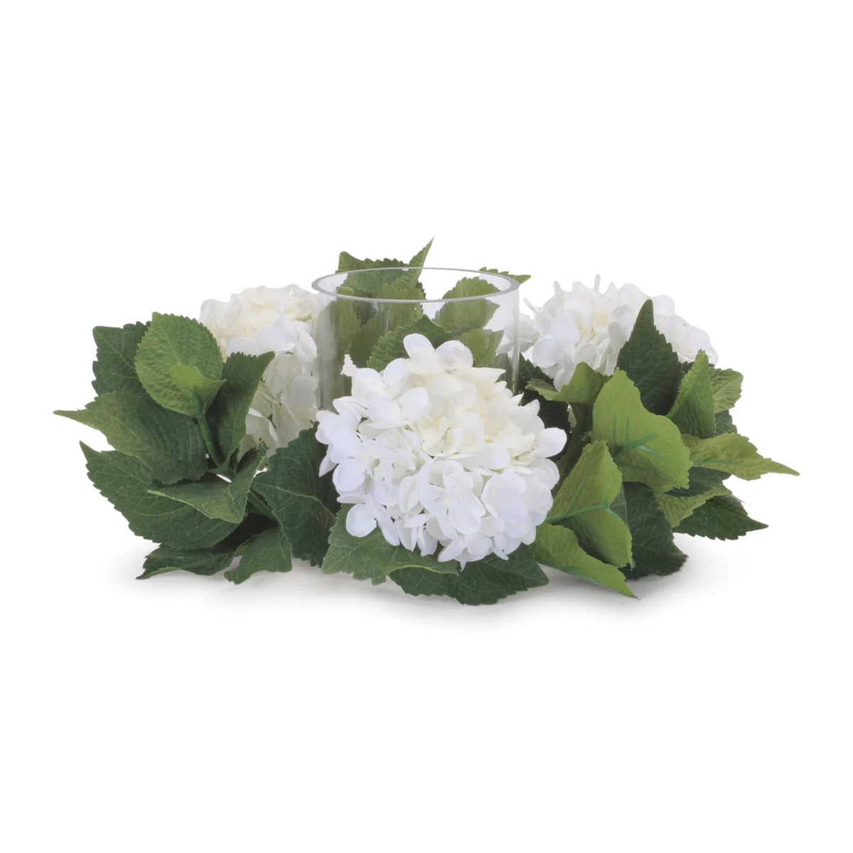Hydrangea Candle Holder (Set of 2) – 12"D White & Green Faux Floral Candle Rings with Glass Hurricane by Melrose