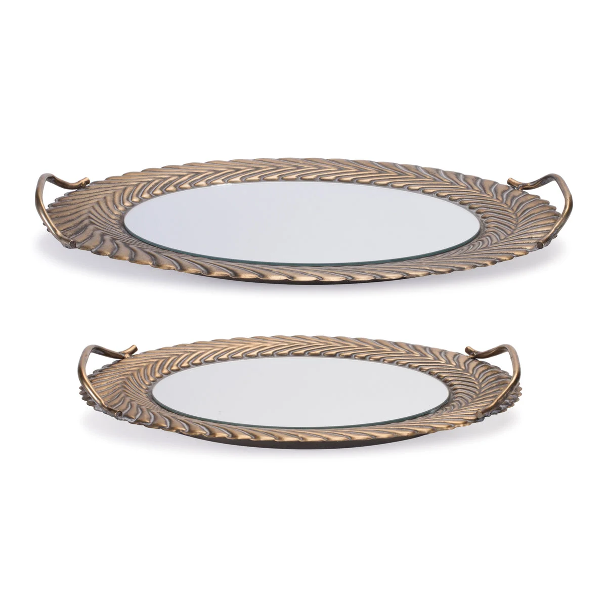 Mirror Tray Set of 2 Gold Ornate Metal Frame with Handles 2.65" H by Melrose