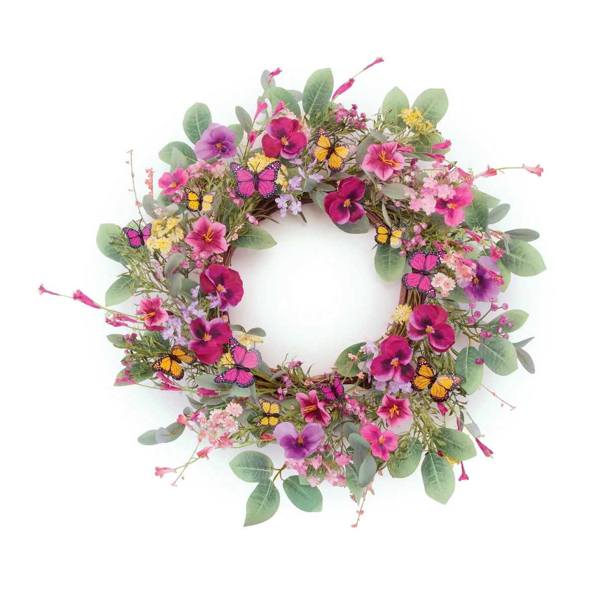 Mixed Pansy & Butterfly Wreath 22.3"D, Red, Pink & Green Polyester on Grapevine Base By Melrose
