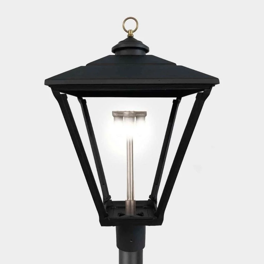 American Gas Lamp Works Baldwin 3800H 17" Mid-Size Noble Bronze Post Mount Aluminum Natural Gas Lamp With Quad Inverted Gas Mantle Light Assembly, Beveled Tempered Glass Panes and Spike Finial