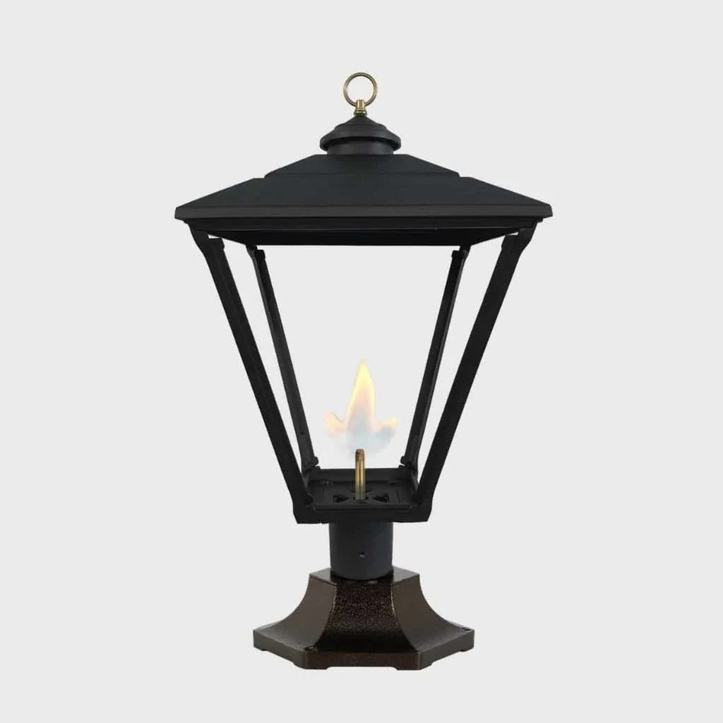American Gas Lamp Works Baldwin 3800R 17" Mid-Size Noble Bronze Pier Mount Aluminum Natural Gas Lamp With Quad Inverted Gas Mantle Light Assembly, Beveled Tempered Glass Panes and Acorn Finial