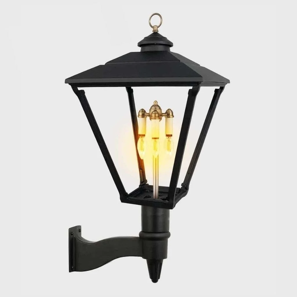 American Gas Lamp Works Baldwin 3800W 21" Mid-Size Charcoal Gray Wall Mount Aluminum Natural Gas Lamp With Dual Inverted Gas Mantle Light Assembly, Flat Tempered Glass Panes and Fleur De Lis Finial
