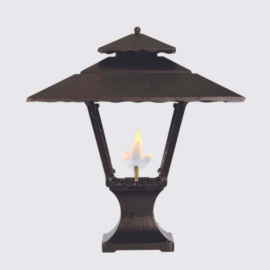 American Gas Lamp Works Contemporary 1800R 19" Charcoal Gray Residential Pier Mount Aluminum Natural Gas Lamp With Dual Open Flame Burner Light Assembly, Flat Tempered Glass Panes and Spike Finial