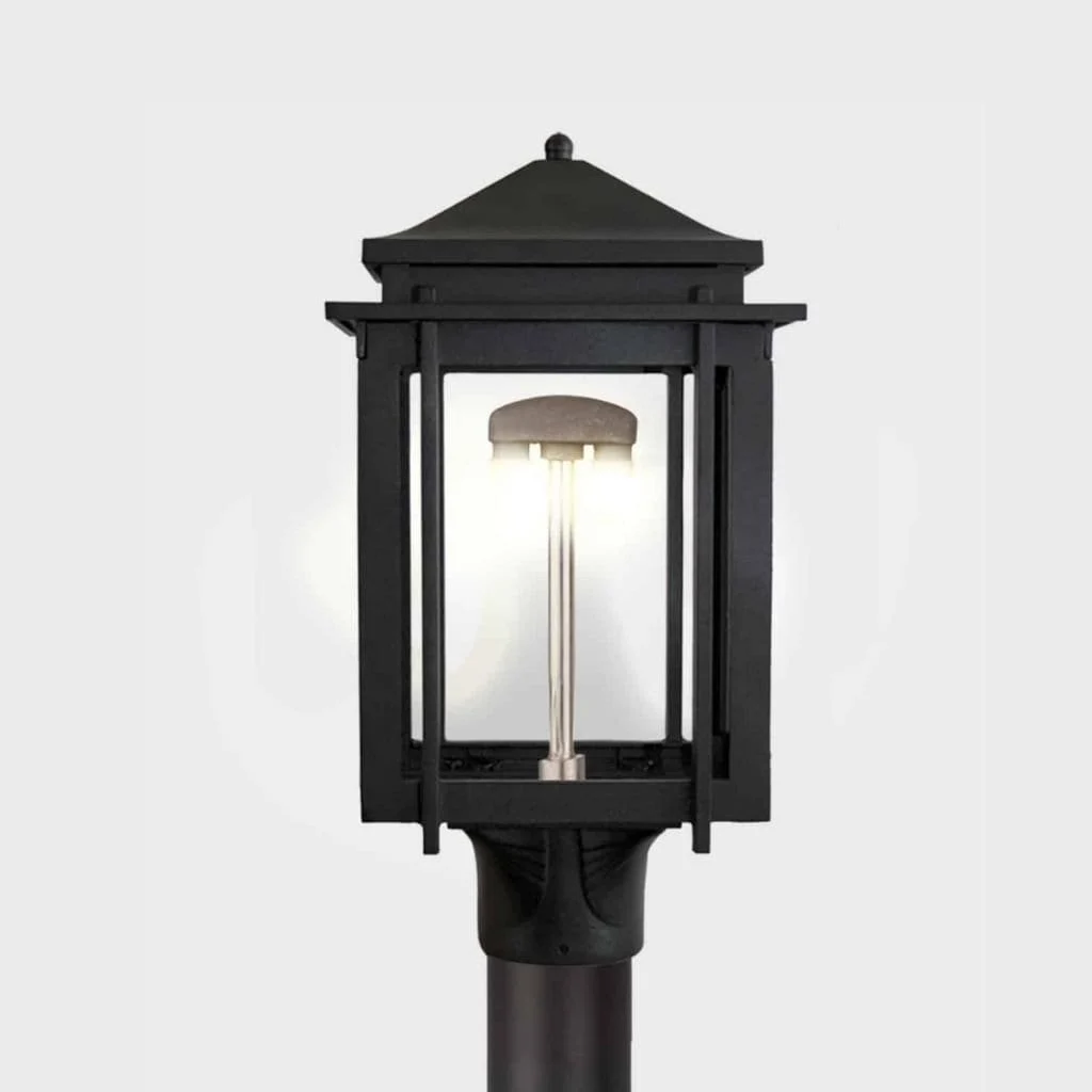 American Gas Lamp Works Craftsman 1100H 8" Charcoal Gray Residential Post Mount Aluminum Natural Gas Lamp With Single Open Flame Burner Light Assembly, Flat Tempered Glass Panes and Urn Finial