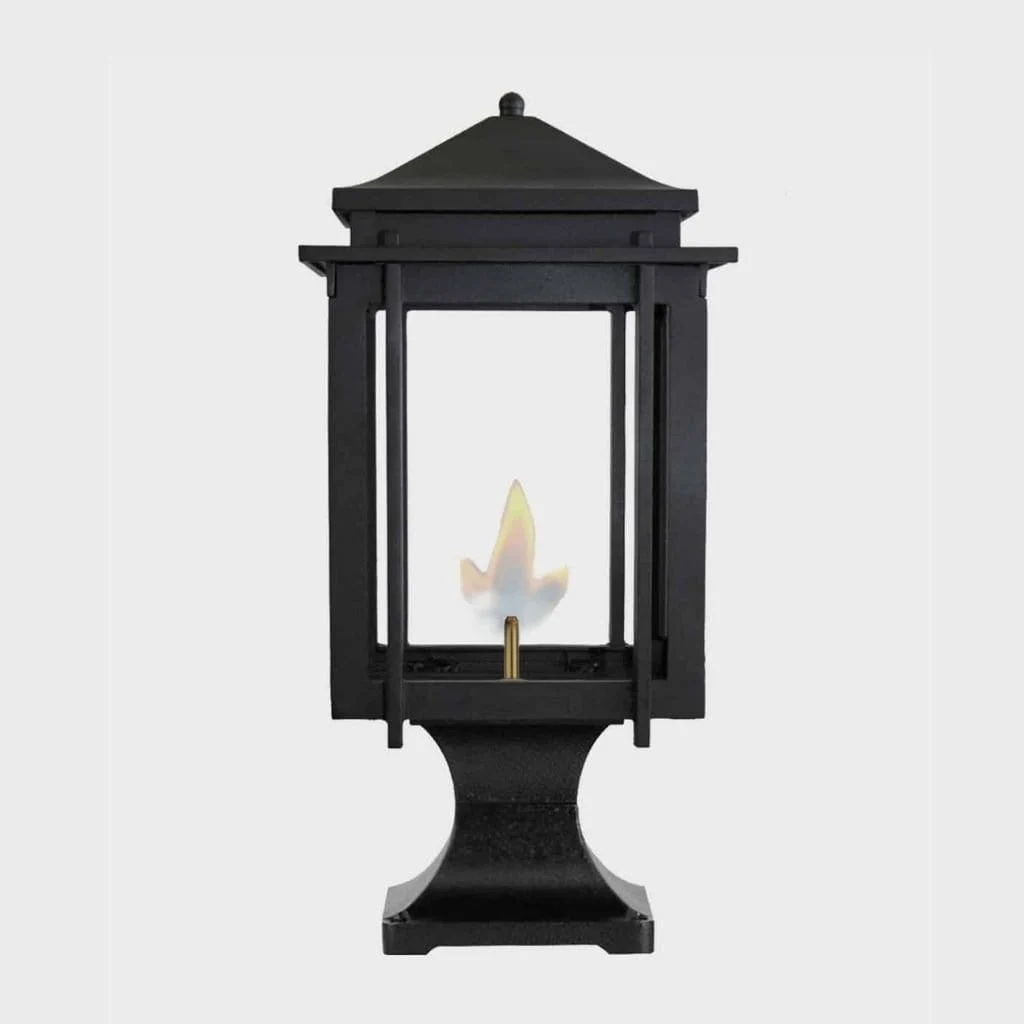 American Gas Lamp Works Craftsman 1100R 8" White Residential Pier Mount Aluminum Natural Gas Lamp With Single Upright Gas Mantle Light Assembly, Flat Tempered Glass Panes and Small Ball Finial