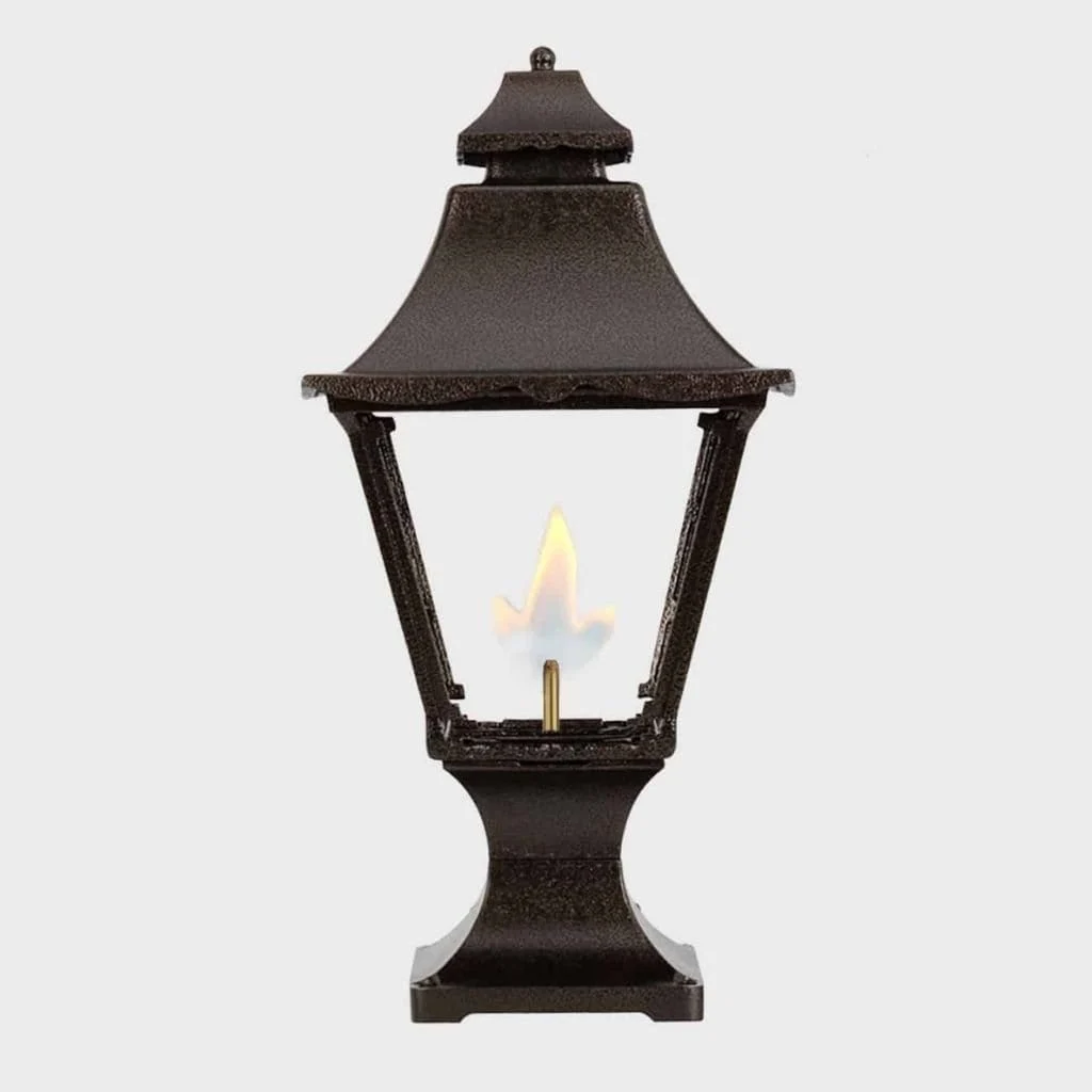 American Gas Lamp Works Essex 1900R 11" Noble Bronze Residential Pier Mount Aluminum Natural Gas Lamp With Single Open Flame Burner Light Assembly, Flat Tempered Glass Panes and Brass Loop Finial