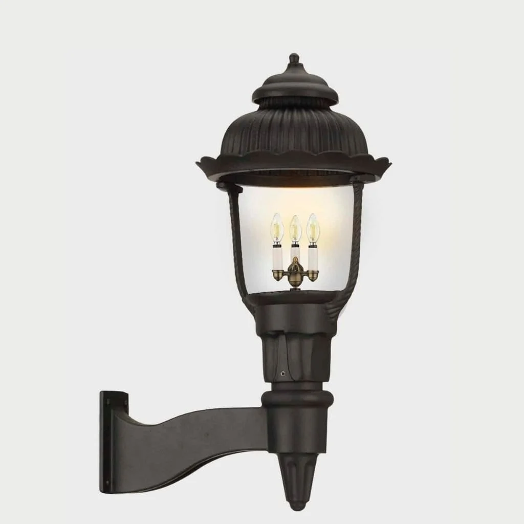American Gas Lamp Works Heritage 1700W 18" Nouveau Silver Residential Wall Mount Aluminum Natural Gas Lamp With Single Open Flame Burner Light Assembly, Clear Glass Globe and Brass Loop Finial