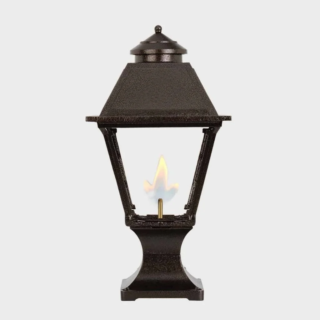 American Gas Lamp Works Westmoreland 2300R 11" Weather Green Residential Pier Mount Aluminum Propane Gas Lamp With Dual Inverted Gas Mantle Light Assembly, Flat Tempered Glass Panes and Loop Finial