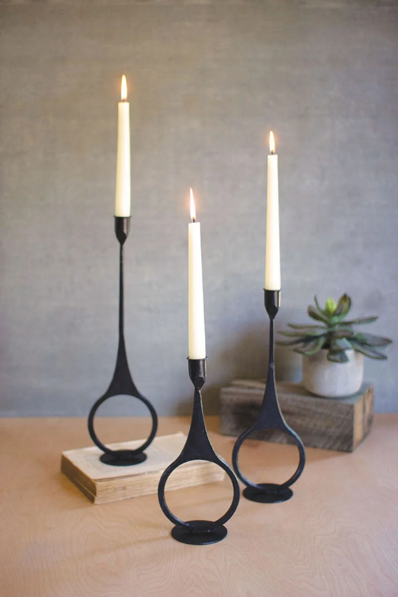 Set of 3 Cast Iron Taper Candle Holders with Ring Detail – Large 15.5" Tall by Kalalou