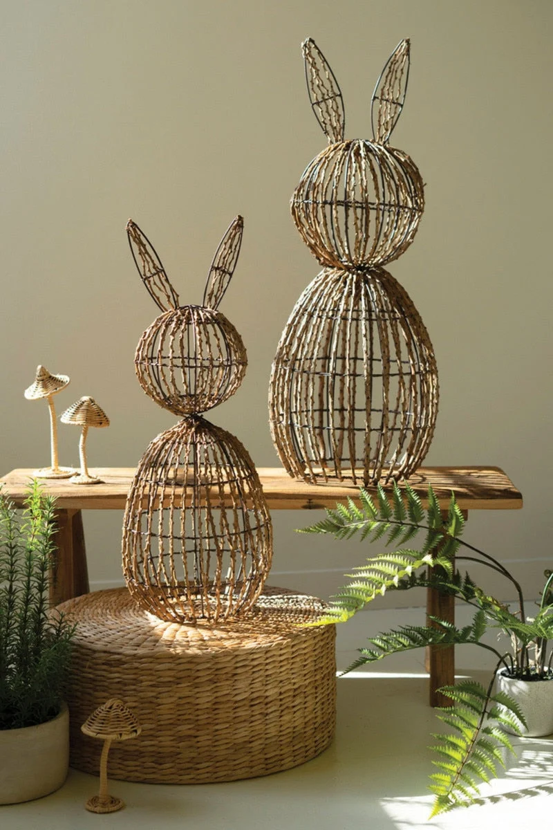 Twig and Iron Rabbit Sculptures – 2 x Set of 2, 30" Tall Decorative Figures by Kalalou