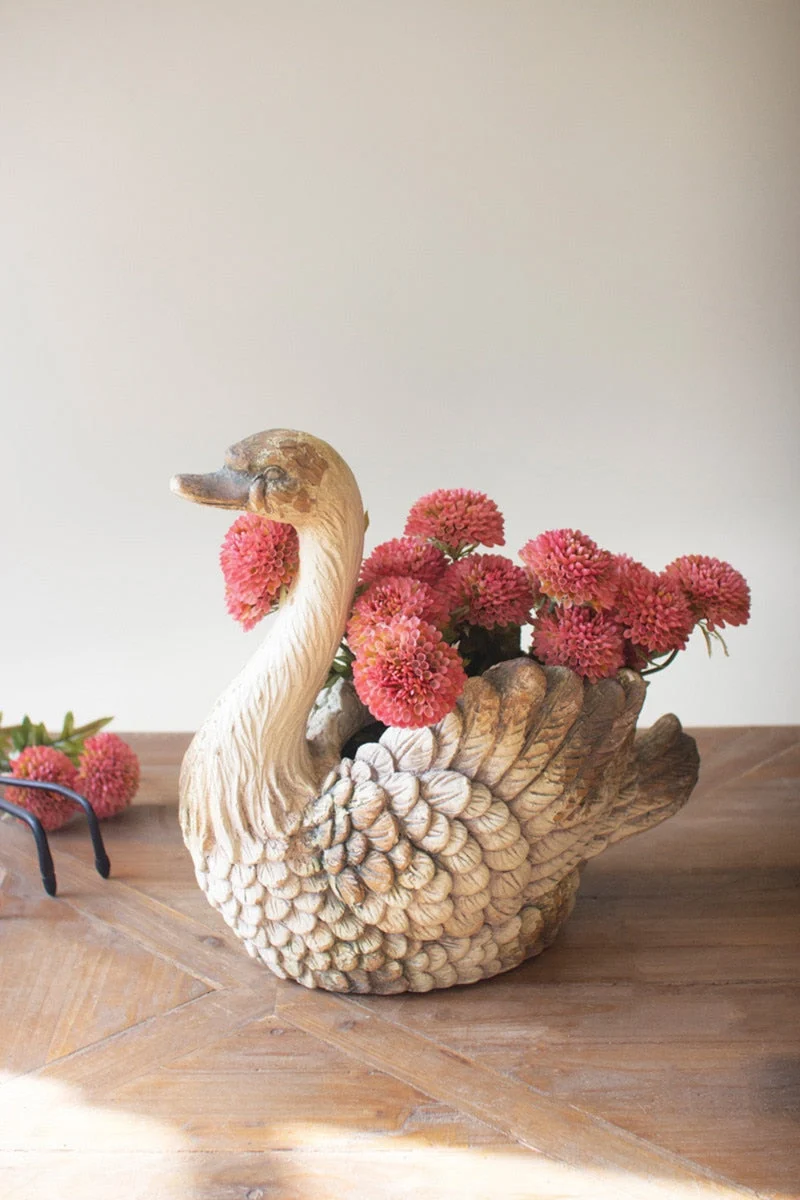 Faux Concrete Swan Planter – Garden Inspired Accent – 15" Tall Indoor Planter by Kalalou