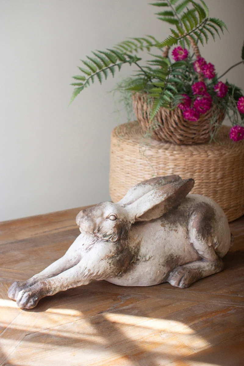 Faux Concrete Rabbit – Laying Sculptural Animal Decor – 10" Tall Accent by Kalalou
