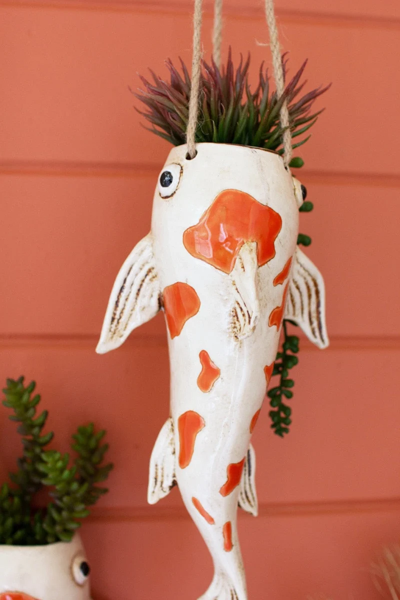 Hanging Ceramic Koi Planter with Rope 13" Tall by Kalalou