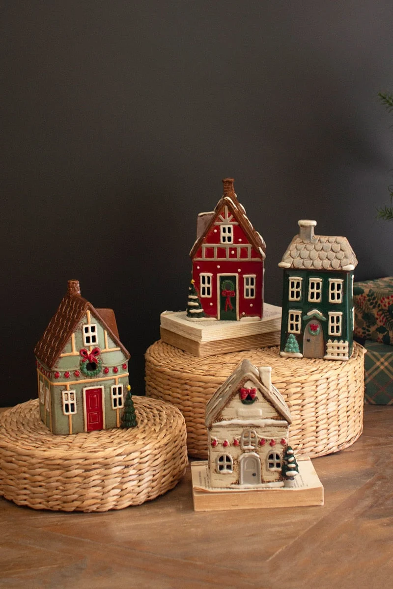 Ceramic Christmas Village Set of 4 – Festive Holiday Houses – 9.5" Tall by Kalalou