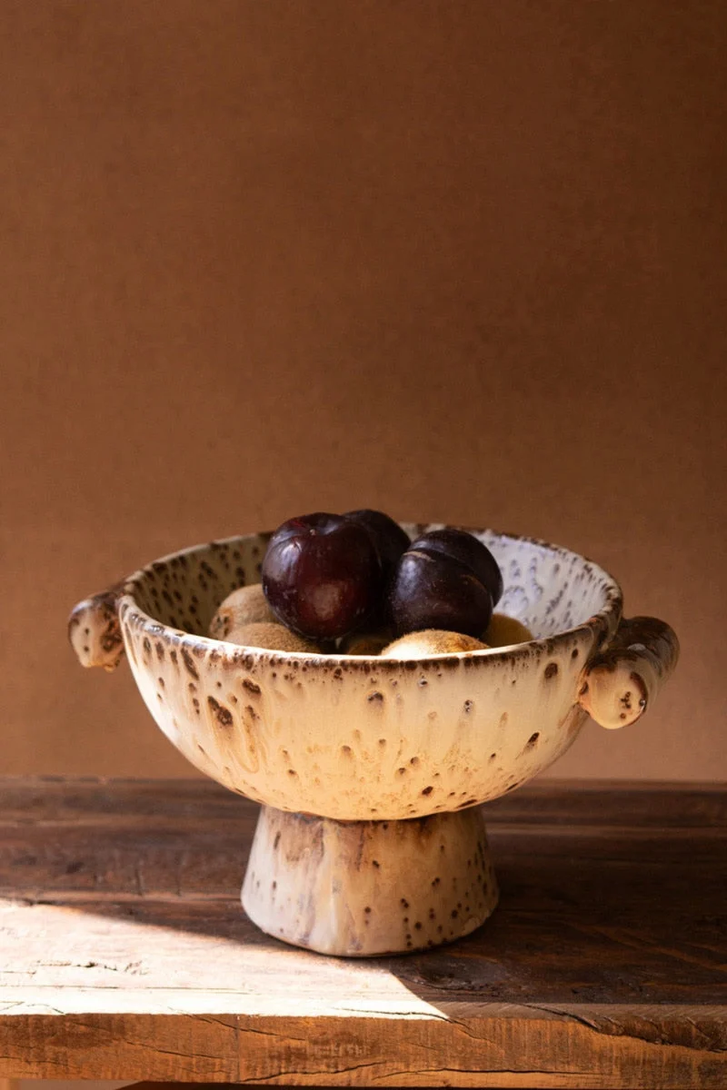 Rustic Ceramic Compote – Decorative Bowl Pedestal – 7" Tall Tabletop Accent Set of 2 by Kalalou