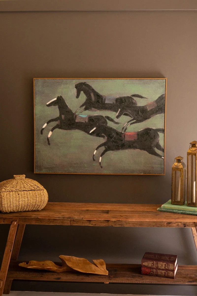 Framed Paint Over Print Four Run Away Race Horses – 31.5" Tall Wall Art by Kalalou