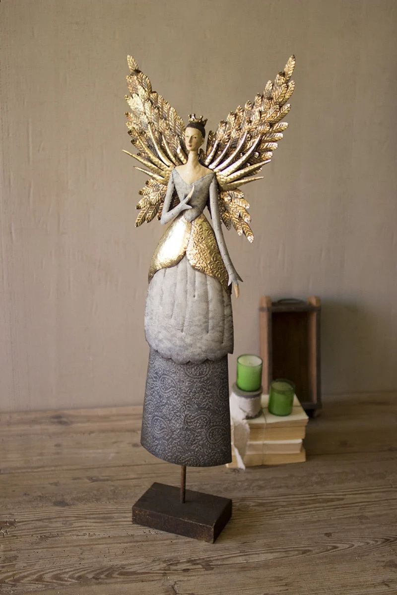 Painted Metal Angel Statue 38" Tall Decorative Standing Accent Set of 2 by Kalalou