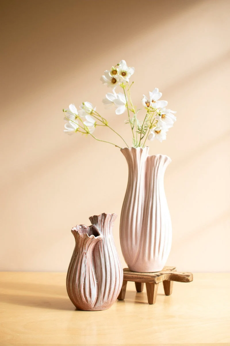 Ceramic Fluted Vase Set of 2 – Double Opening Tabletop Decor – 14.5" Tall by Kalalou