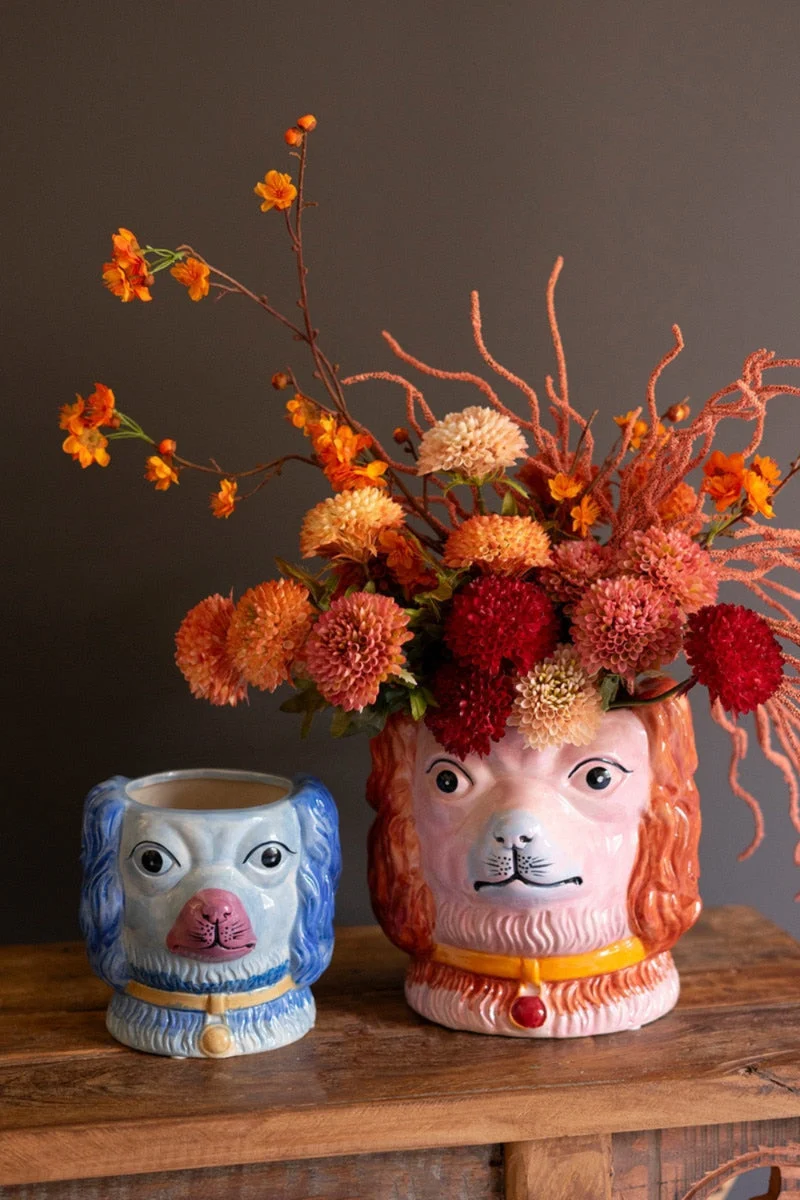 Vintage Inspired Ceramic Dog Vase Set of 2 – Colorful Tabletop Accents – 8" Tall by Kalalou
