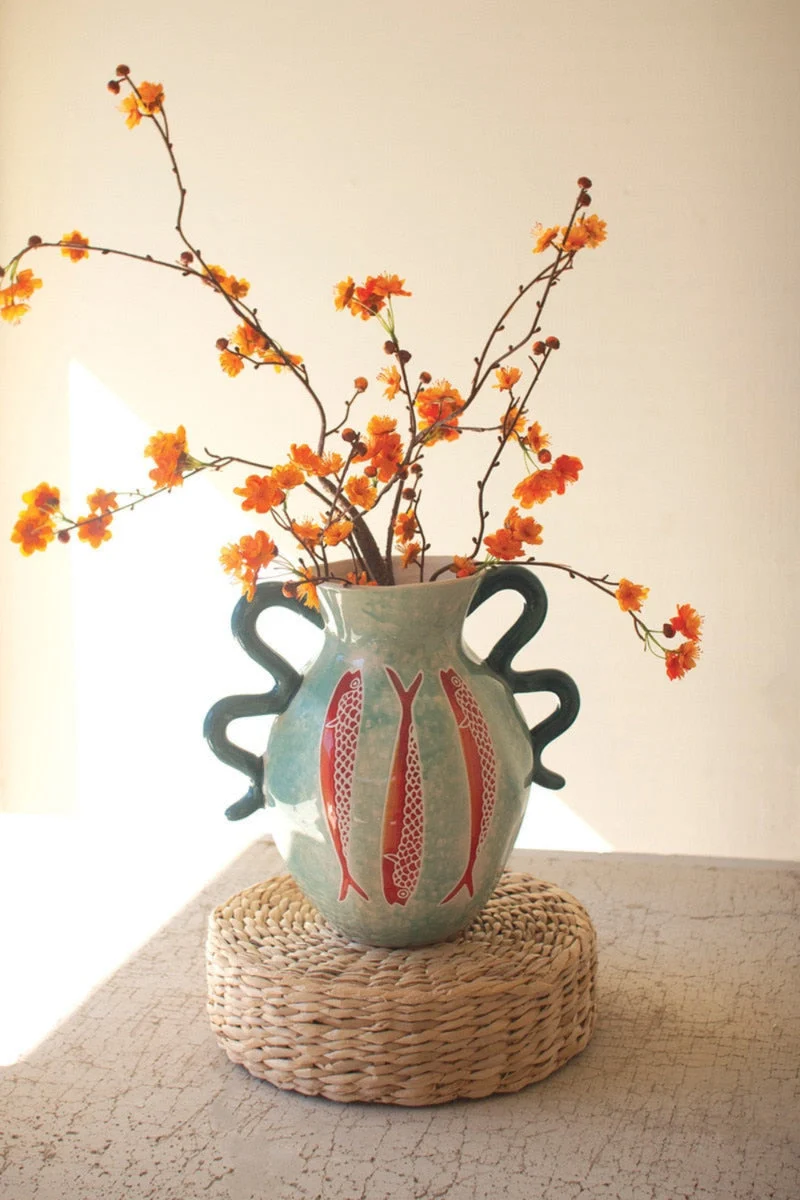 Colorful Ceramic Fish Vase – Blue Squiggle Handle Design – 11" Tall by Kalalou
