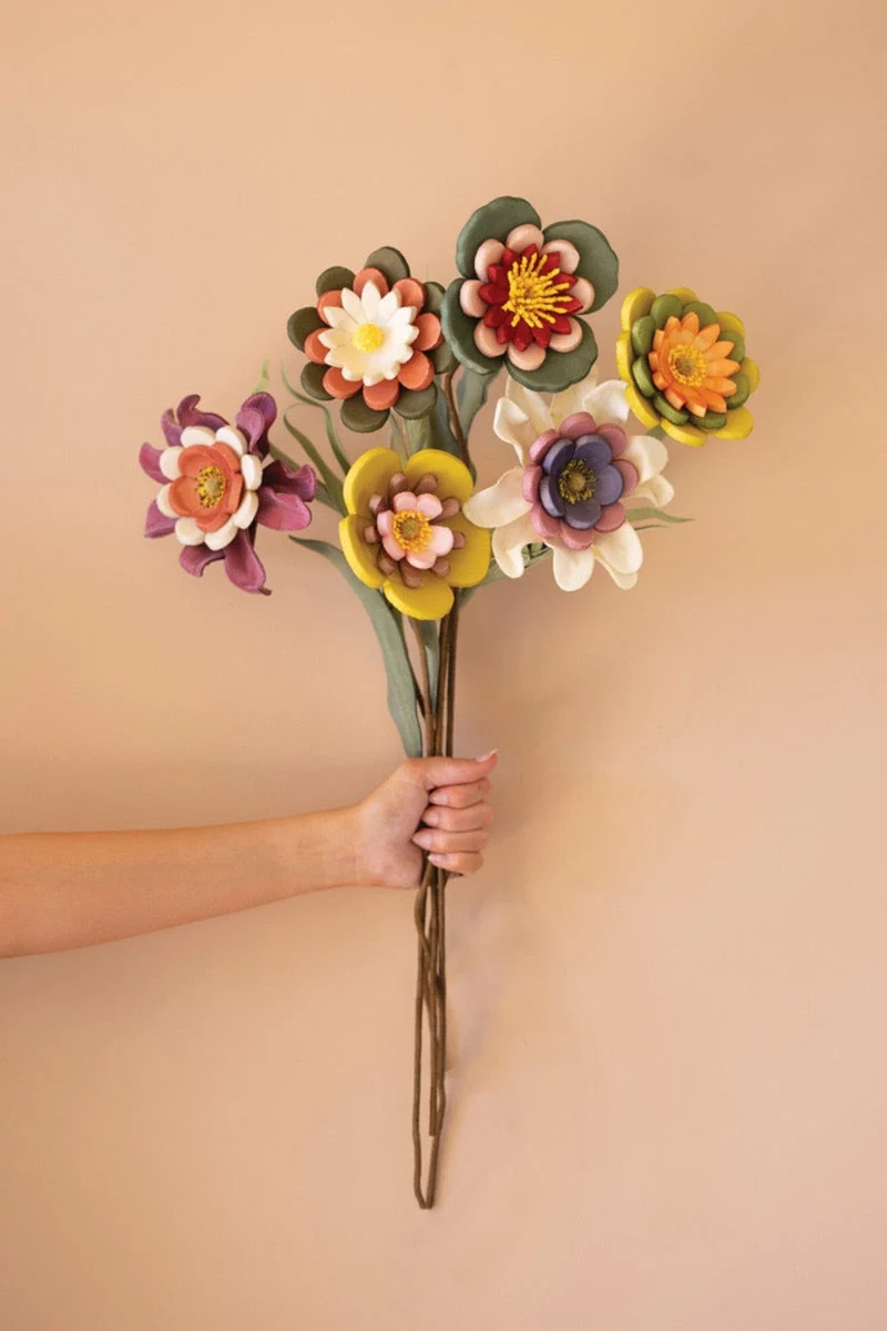 Set of 6 Felt Flowers – Soft Textile Floral Stems – 25" Tall Decorative Accent by Kalalou