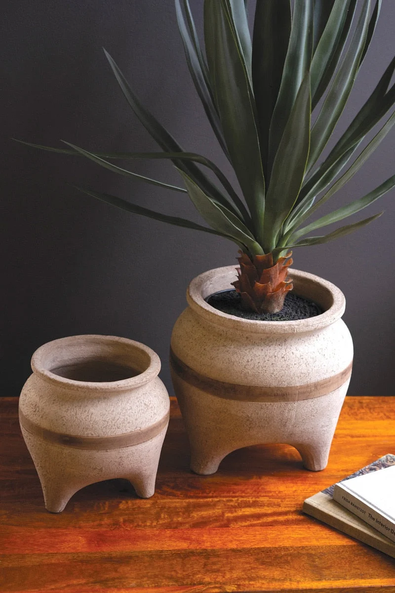 Set of 2 Striped Terracotta Planters Rustic Accent 11" Tall by Kalalou