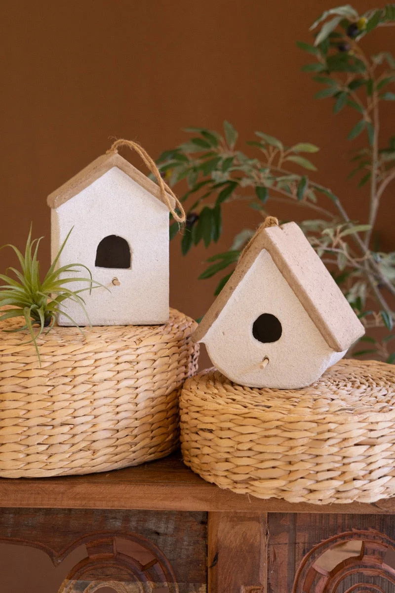 Set of 2 Cement Birdhouses Sculpted Outdoor Decor 8" Tall by Kalalou
