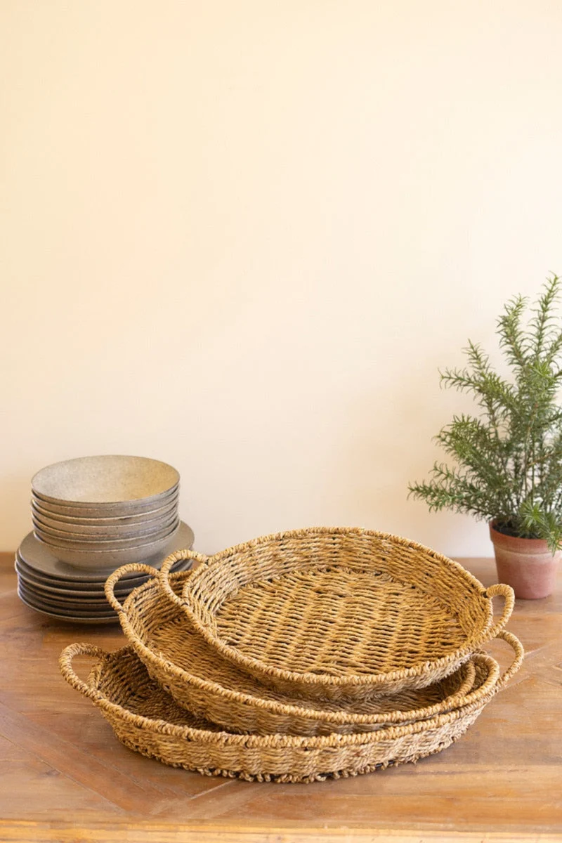 Set of 3 Oval Trays with Handles Woven Vine Design 23" Large by Kalalou