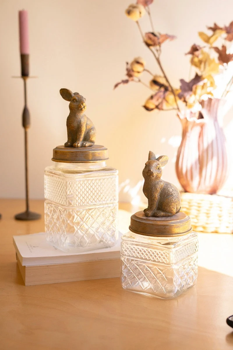 Set of 2 Resin and Glass Rabbit Canisters Decorative Storage 12.5" Tall by Kalalou