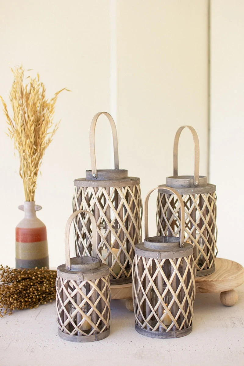 Grey Willow Cylinder Lantern Set of 4 with Glass Inserts 19.5" Tall by Kalalou