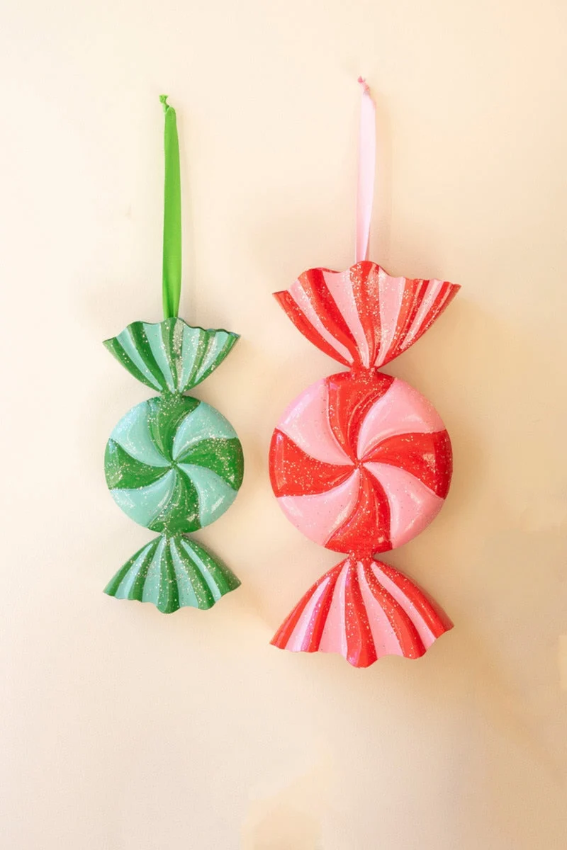Christmas Candy Hanging Decor Set of 2 Painted Metal Ornaments 16" Tall by Kalalou