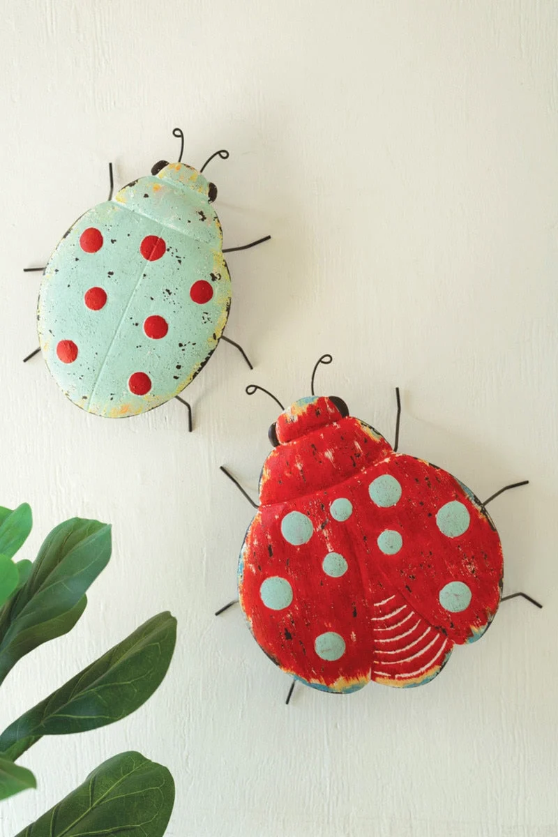 Indoor Wall Art 2x Set of 2 Painted Metal Ladybugs – 15" H For Colorful Decor by Kalaou
