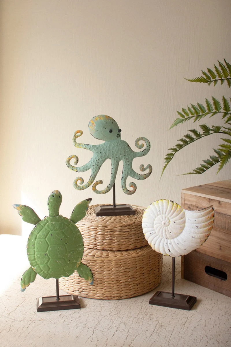 Coastal Tabletop Sculpture Set of 3 Painted Metal Octopus Turtle Shell 14.5" H by Kalalou