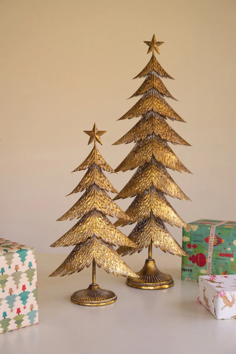 Antique Gold Christmas Trees 35"H Set of Two – Distressed Metal Holiday Topiary Decor by Kalalou